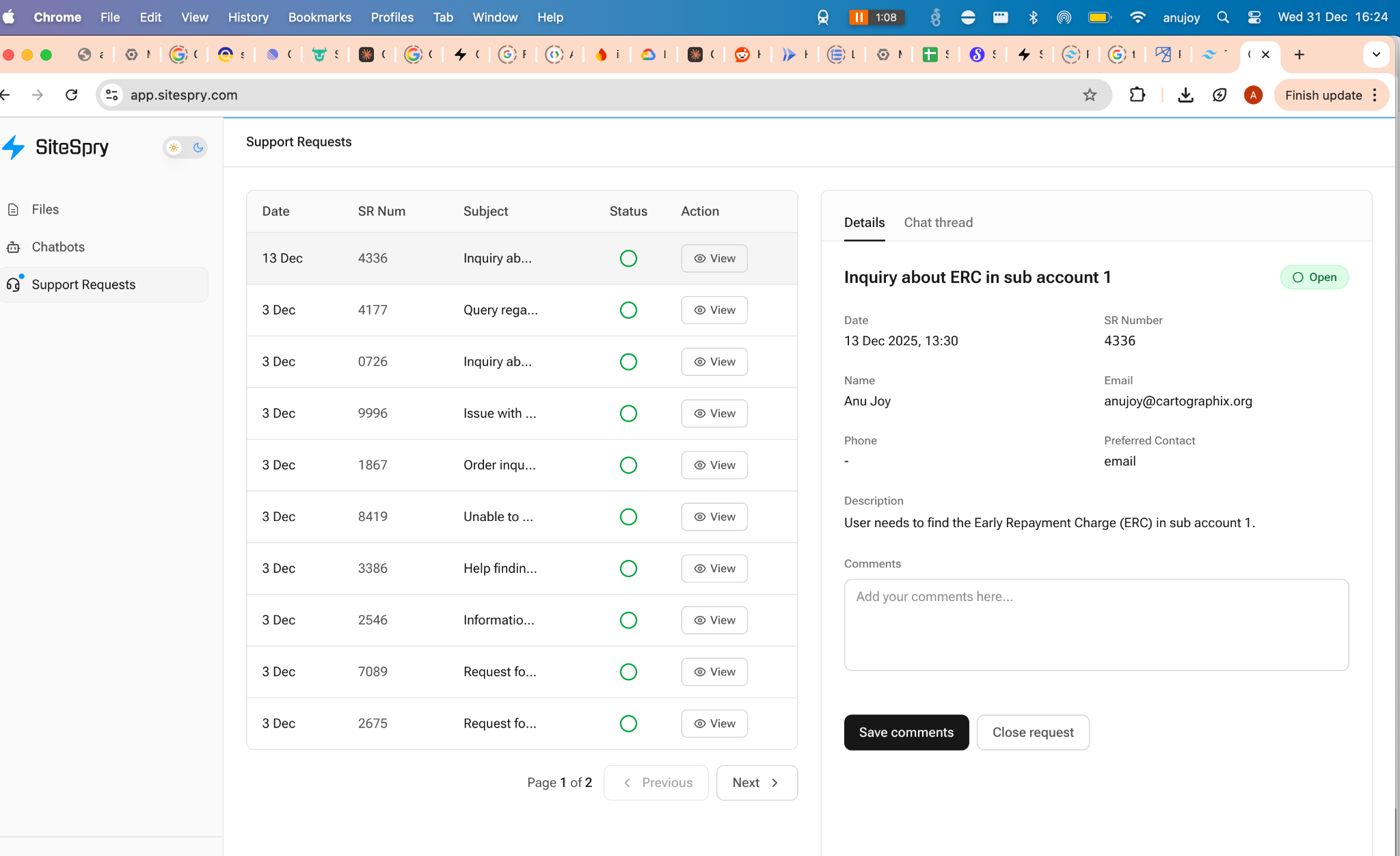 Support requests list